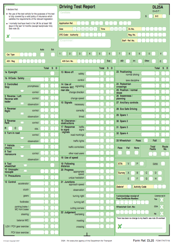 driving test mark sheet