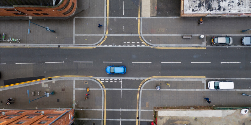 Aerial view of a crossroad junction