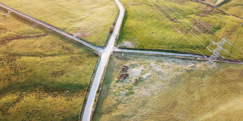 Aerial view of a crossroad junction in a rural area